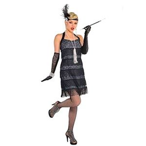 Lace Flapper Adult Costume Dress Halloween w Accessories Fringe Retro Gangster
